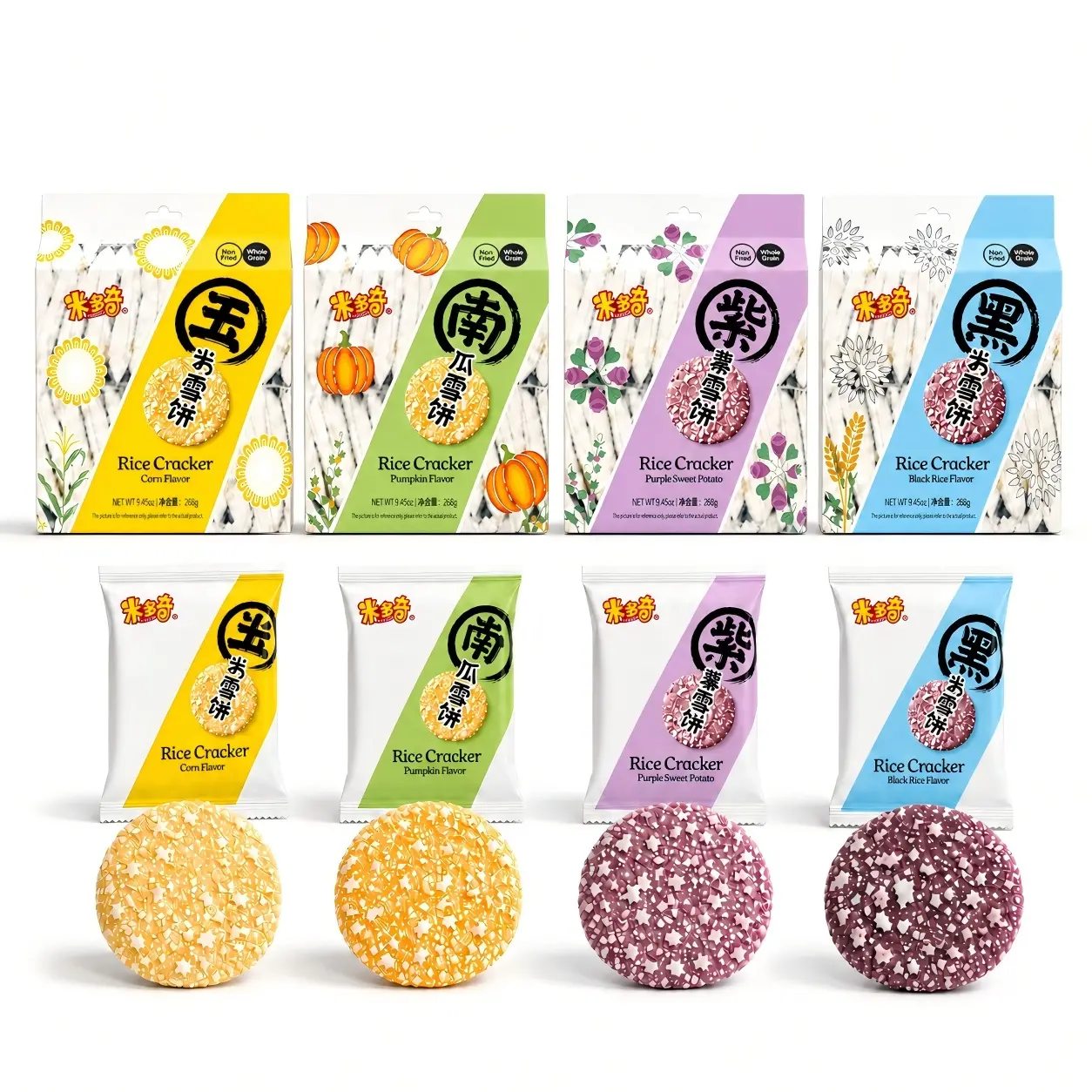 MIDUOQI Light Crispy Rice Cakes, Sweet Crunchy Snack, 4 Flavors for Breakfast, Party and Office