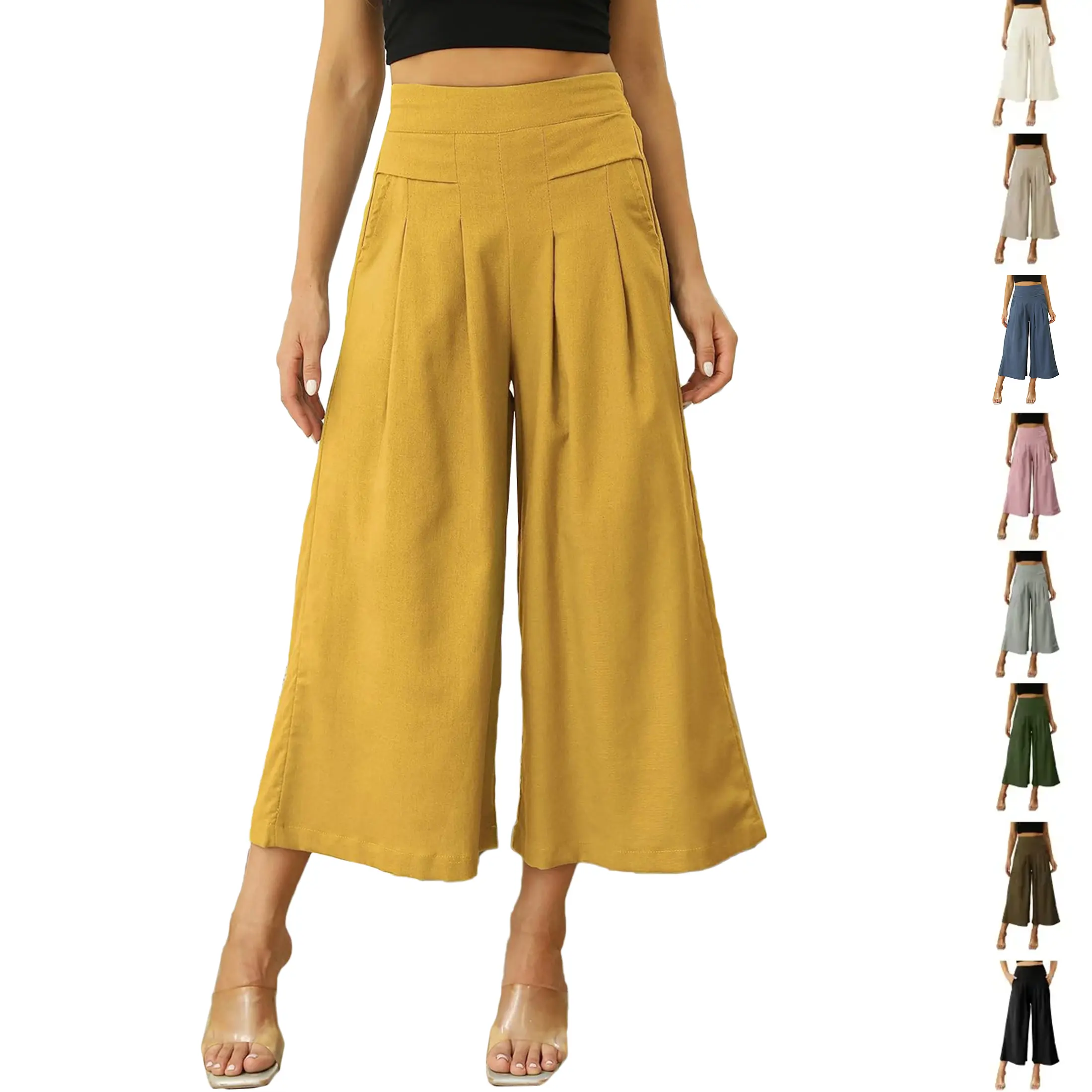 Mundoven Women's Culottes Linen Cropped Wide Leg Pants Elastic Waist Casual Palazzo Trousers with Pockets summerwins,back to school shopping