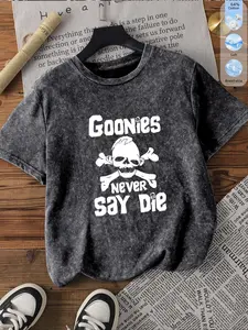 Women's Vintage Washed Soft Elastic Casual T-Shirt, Summer Breathable Skull Print Tee, Goonies Never Say Die Movie Theme