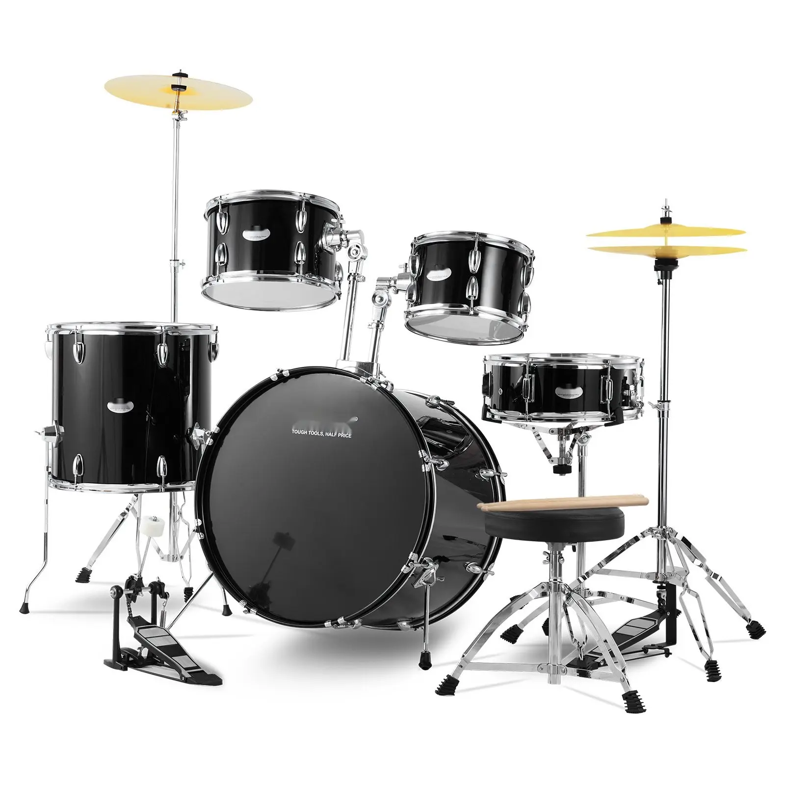 Adult 5-Piece Drum Set, 22-Inch Full-Size Kit With Bass Drum, Toms, Snare, Floor Tom, Hi-Hat Cymbals, Pedal, Drumsticks, Adjustable Throne, Stands, And Beginner Friendly Black Finish