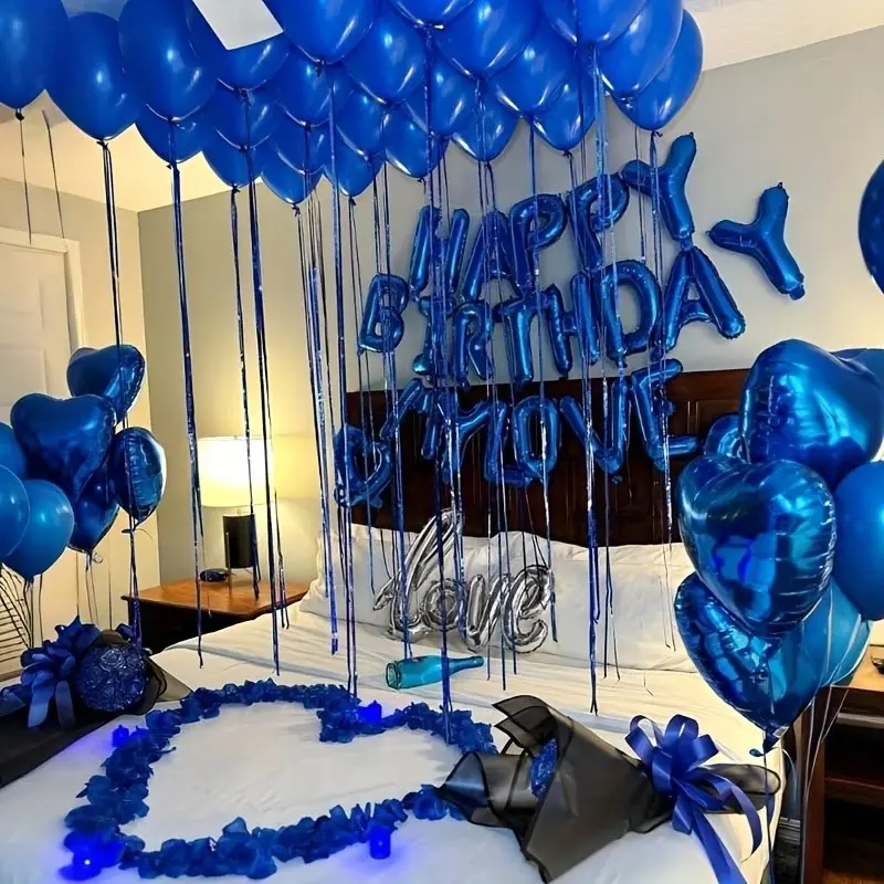 1058pcs Blue Birthday Decorations Set, 1000pcs Artificial Rose Petals, Happy Birthday Banner, Heart Foil Balloons, Birthday Party Supplies, Romantic Surprise Party Decor, Balloon Decorations Kit