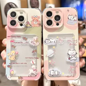 Cute cartoon animal phone case, adorable design, compatible with iPhones, features a card slot on the back and four corners for drop protection, made of TPU material for shock and drop resistance.