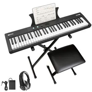 【GARVEE】- Portable electric piano with 61 semi-weighted keys, built-in speakers, pedal, stand, and stool, ideal for beginners and professionals