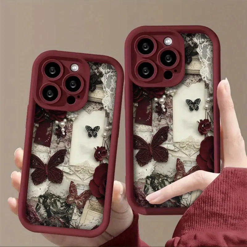 Retro royal-style red rose and butterfly collage pattern phone case, high-quality matte frosted thickened TPU soft cover, compatible with iPhone 17/16/15/14/13/12/11/X/XS/XS Max/16e/12/13 mini, holiday gift, suitable for various occasions, Accessories, Sm