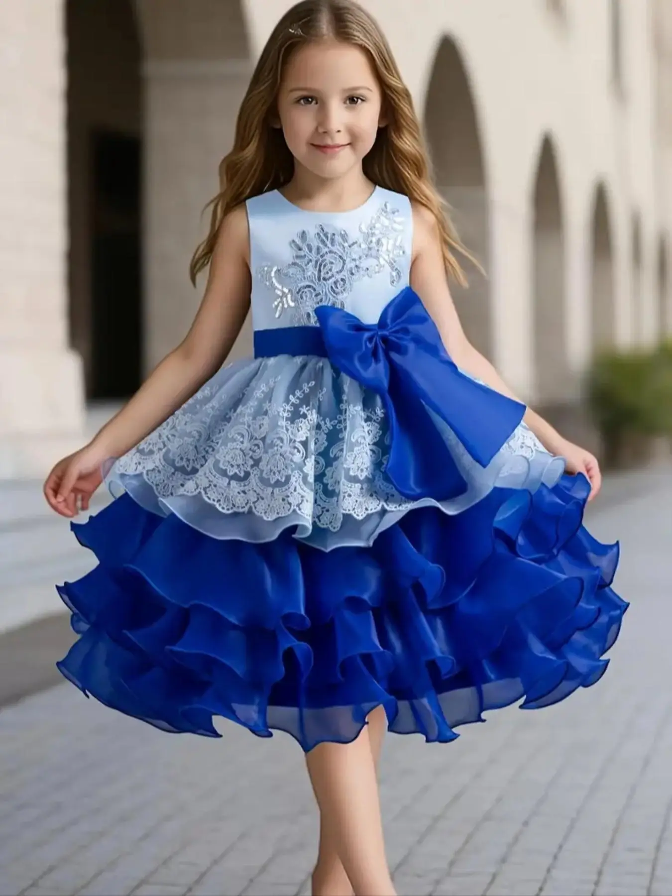 Girl's Contrast Sequin Embroidery Bow Front Tiered Layer Fit and Flare Party Dress, Elegant Sleeveless Ruffle Hem Party Gown, Kids Clothes for All Sea