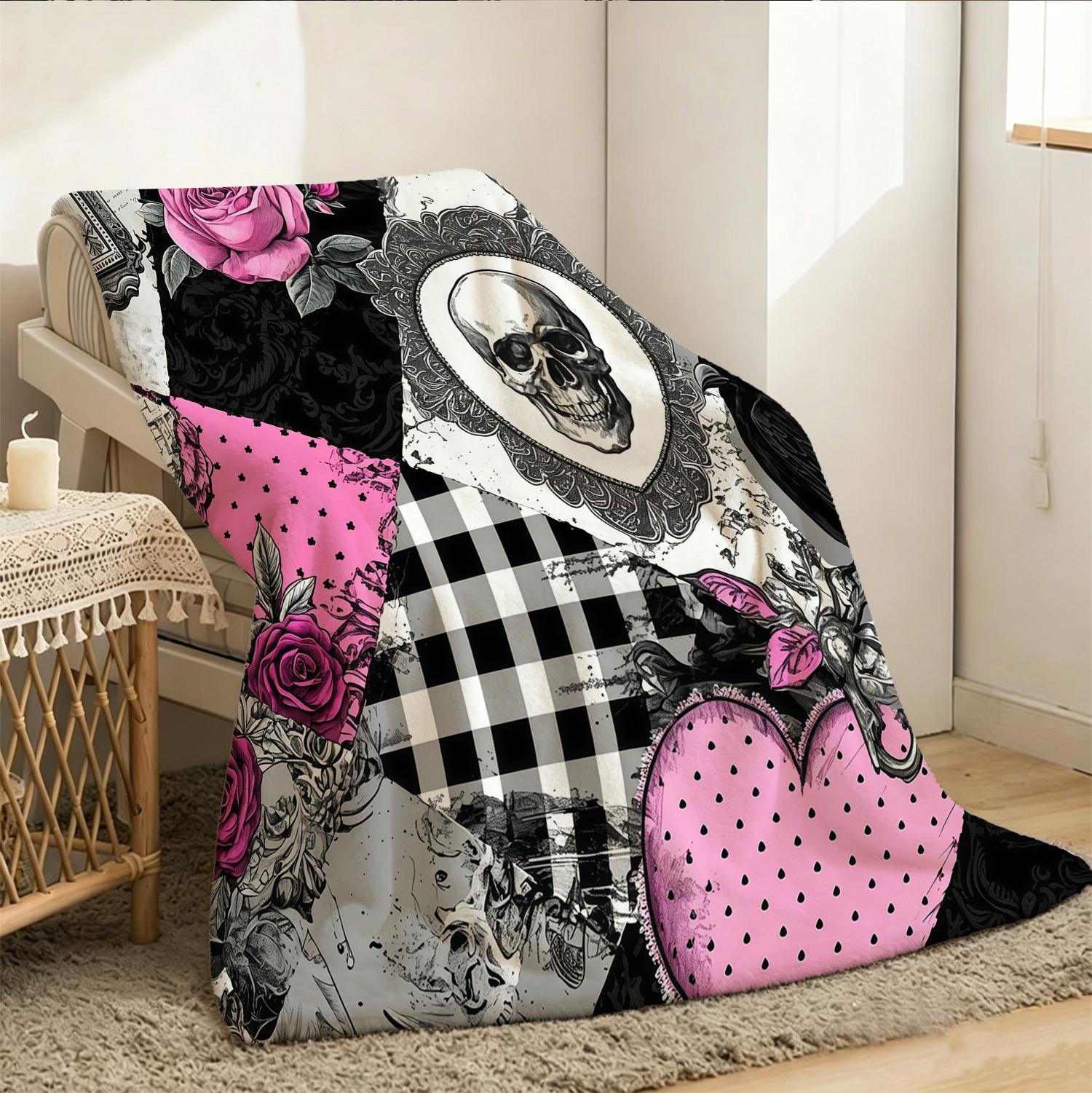 Pink Black Gothic Patchwork Print Flannel Throw Blanket - Harlequin, Gingham, Polka Dot Grids, Soft Fleece, Vintage Punk Skull Art, Raven, Hot Pink Roses, Cozy Lounging, Home House Room Decor, Ideal Gift for Alt Pastel Goth Lovers