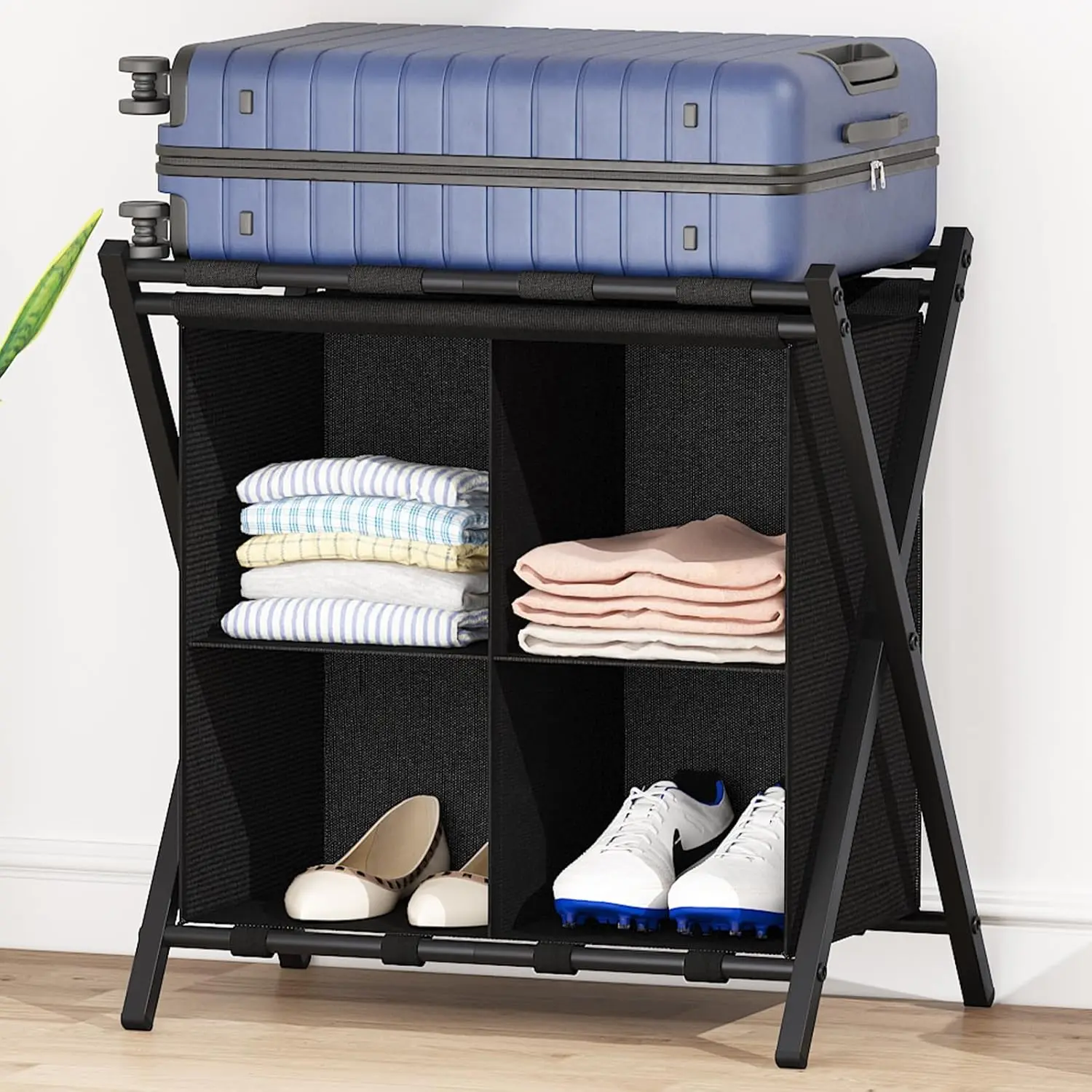 Luggage Rack with storage, Guest Room Folding Suitcase Stands, Holds up to 120 lb, Space Saving Suitcase Holders for guest room, Bedroom Hotel, Black