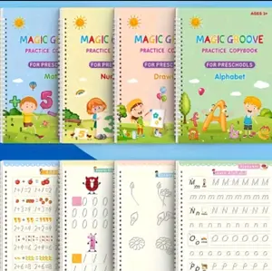 Magic Groove Handwriting Practice Book Set for Preschoolers - Reusable Workbooks for Comfortable Tracing, Sight Words, Grooved Magic Practice Copybooks (4 Books + 1 Pen + 5 Refills + 1 Pen Grip) - Educational Gift for Halloween, Christmas