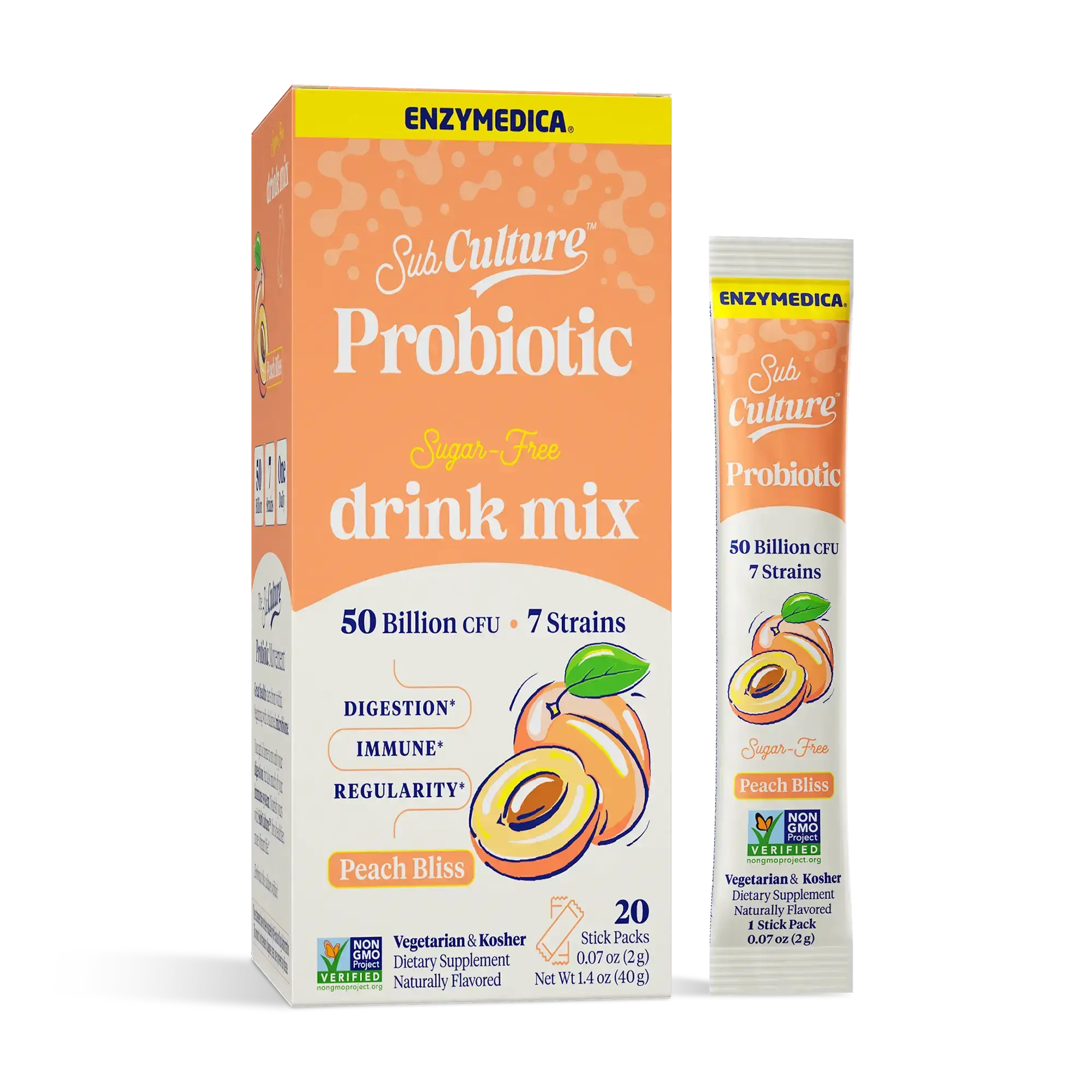 Enzymedica SubCulture Probiotic Drink Mix Powder for Women & Men - Probiotics for Digestive & Gut Health Support, 50 Billion CFU, Travel Friendly Stick Packs, Sugar Free - Peach Bliss
