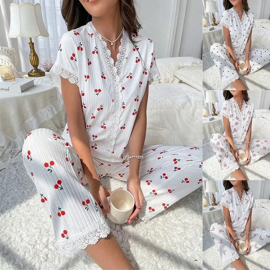 PHEFEE Womens Pajama Sets Short Sleeve Sleepwear V Neck Lace Trim Loungewear Soft Cute Printed Pjs Top and Long Pants Set