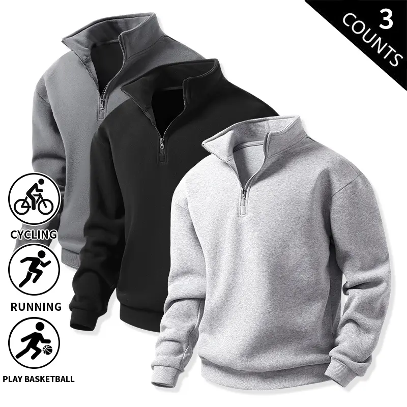 Men’s three-pack quarter-zip sweatshirts — casual, soft style with a half-zip design, soft stand collar, loose athletic long-sleeve pullover, suitable for men’s wardrobes.