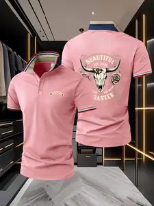 Men's Vintage Colorblock Polo Shirt, Bull Skull Print Western Streetwear, Slim-Fitting Collared T-Shirt, Casual Fashion Top