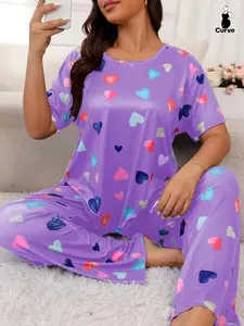 Women's Heart Pattern Print Short Sleeve Long Pants Set, Pajama Set, Comfortable Casual Fitted Sleepwear, All Seasons Two-Piece Loungewear