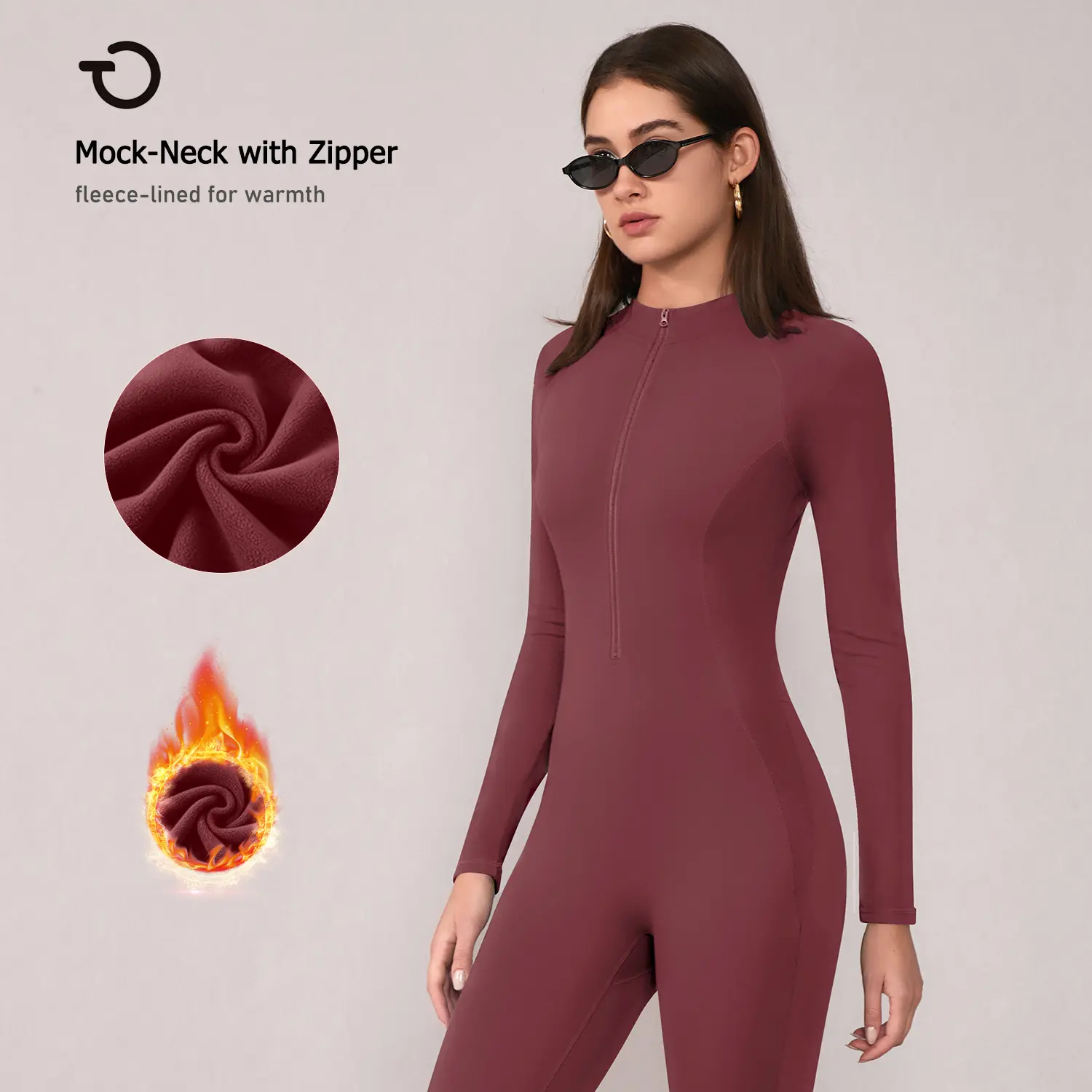 TIMEOFF Women's Long-Sleeve Fleece-Lined Mock-Neck Zip-Up Jumpsuit, Stretchy Body-Sculpting Workout Gym Clothing for Winter Yoga, Jumpsuits For Women, High Elastic Women's Sportswear Set, Fitted