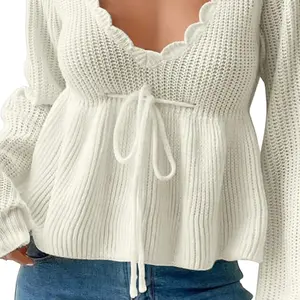 Women's Scallop Trim Deep V Neck Sweater Lantern Sleeve Tie Front Bow Peplum Knitwear Pullover Top