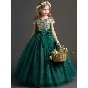 Girls Lace Embroidered Gown, Vintage Kids Tulle Puffy Dress, Wedding Bridesmaid Flower Girl Princess Long Dress, Pageant Formal Ball Gown