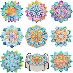 8-Piece Diamond Art Coaster Set with Stand, Mandala Pattern DIY Diamond Painting Coasters, Full Drill Hole Water Beads, Beginner Adult Craft Supplies