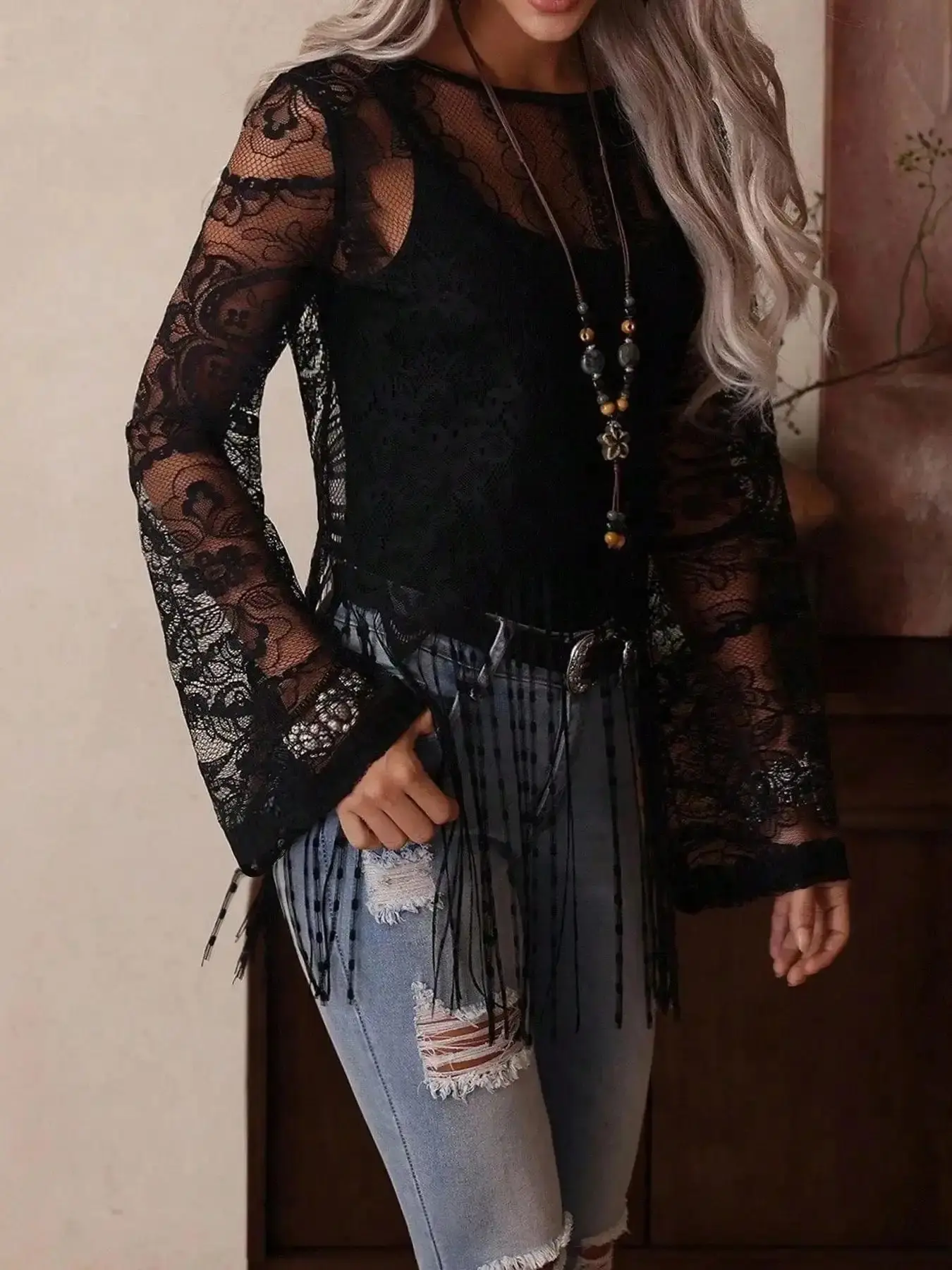 Effortless 1 Spring Summer Western Lace Fringe Top Women Boho Casual Top | Round Neck Bell Long Sleeve Sheer Floral Tassel Hem Blouse | Bohemian Cowgirl Style for Country Concert Festival Vacation Wear Womenswear