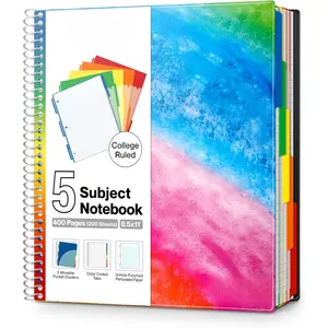 5-Subject Notebook College Ruled, Movable Pocket Dividers with Tabs, 200 Sheets (400 Pages) 8.5x11 Paper, Colorful Spiral Notebook, Protective Plastic Covers, Multi Subject
