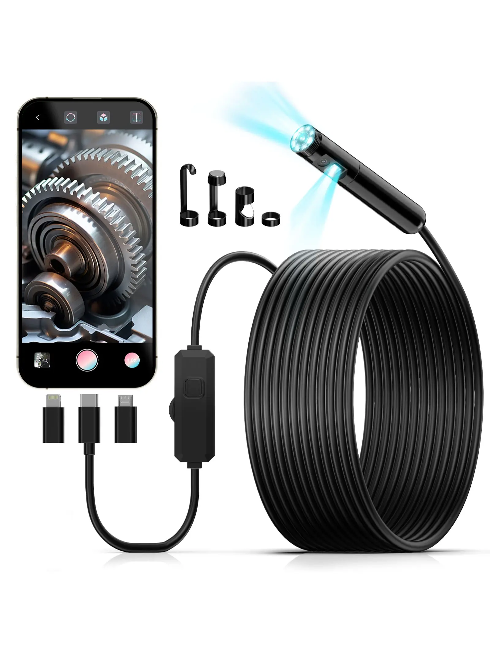 Dual-Camera Borescope HD Inspection Endoscope, IP67 Waterproof with 8 LED Lights for Car Repair, Pipeline, and Home Inspections