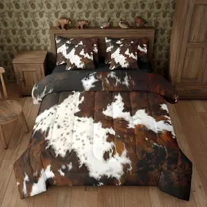 Brown Cow Print Comforter Set,7 Piece,Simulated Black Cowhide Western Farmhouse Bedding Set,with Sheets,Rustic Highland Cow Skin Bed in a Bag with Fitted Flat Sheet,Pillowcases