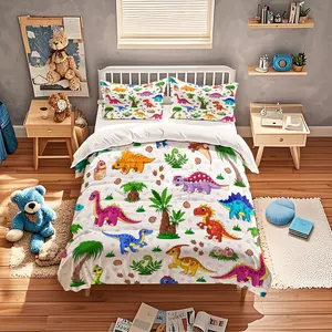 2D Print Dinosaur Pattern Bedding Set, Soft Bedding Sets, Bedsheet Sets, Soft Breathable Polyester Fabric, All-Season Use, Includes 1 Fitted Sheet + 2 Pillowcases