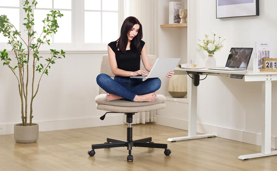 Okeysen Armless Criss Cross Desk Chair with Wheels - Wide Seat, Height-Adjustable, 360-Degree Swivel, Comfy Cross-Legged Task Chair for Home Office, Vanity, Beige