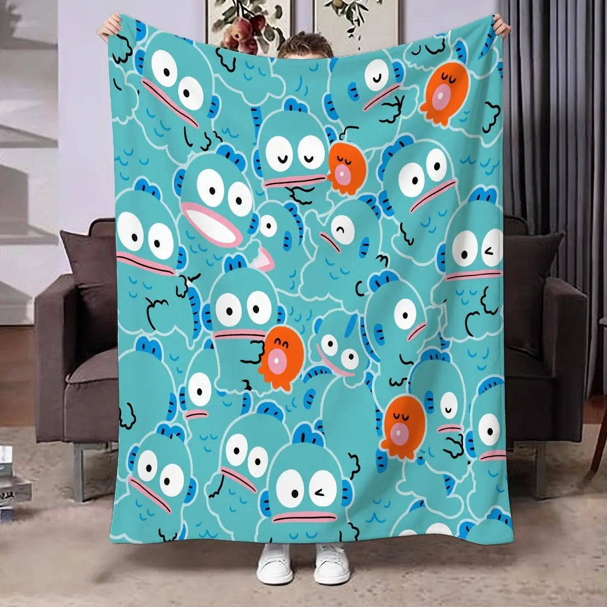 1pc Sanrio Ugly Cute Mermaid Hangyodon Print Blanket, Soft And Fluffy Flannel Blanket, Versatile Blanket for All Seasons, Perfect for Bed, Sofa, Office And Outdoor Camping, Best Choice for Holiday Gifts