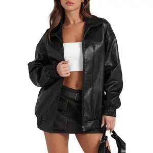 Women’s leather biker jacket (replica), oversized “bomber” style, long sleeves, fits like a size A, basic casual, available as part of an autumn fashion set or as a winter jacket/top
