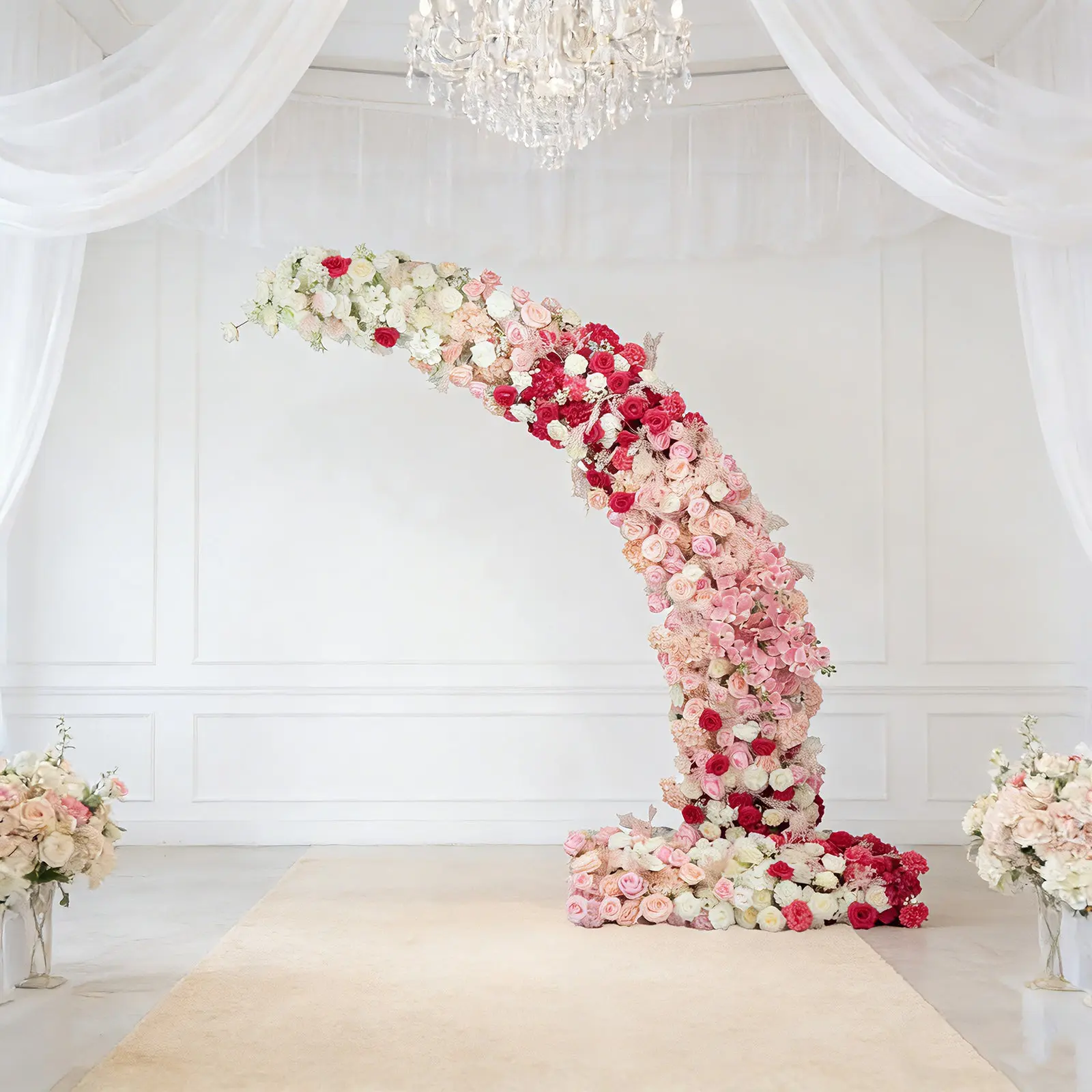 Foam-Backed Faux Silk Floral Backdrop Arrangement for 8ft Half Crescent Wedding Arch - Decorative Foam Board Artificial Flowers (White & Pink Mix: Roses, Hydrangeas, Chrysanthemums) Garden Home Decor Accessory, Faux Silk Flowers