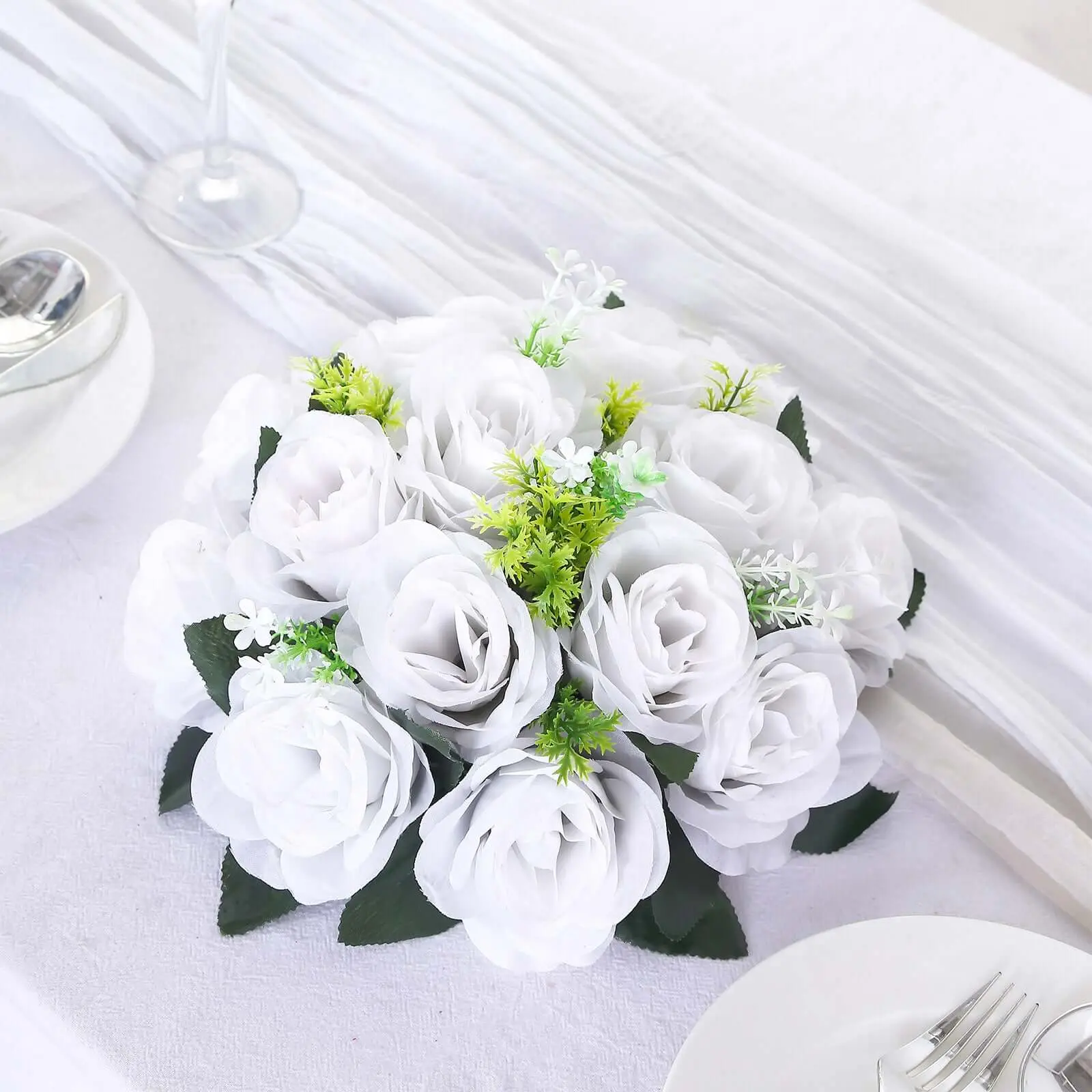 2-Pack 10-Inch White Silk Rose Kissing Balls, 15-Head Artificial Flower Bouquets, Table Centerpieces for Anniversary, Birthday Home Decor, Centerpiece