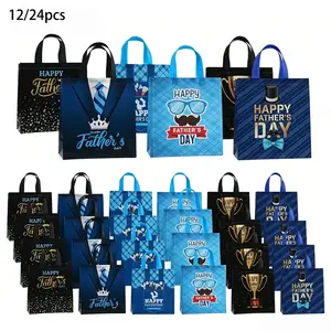 12/24 Pcs Fathers Day Party Gift Bags with Handles Dad Treat Goodie Present Boxes Blue Black Party Supplies for Dads Men Anniversary Birthday Decor Gift Package