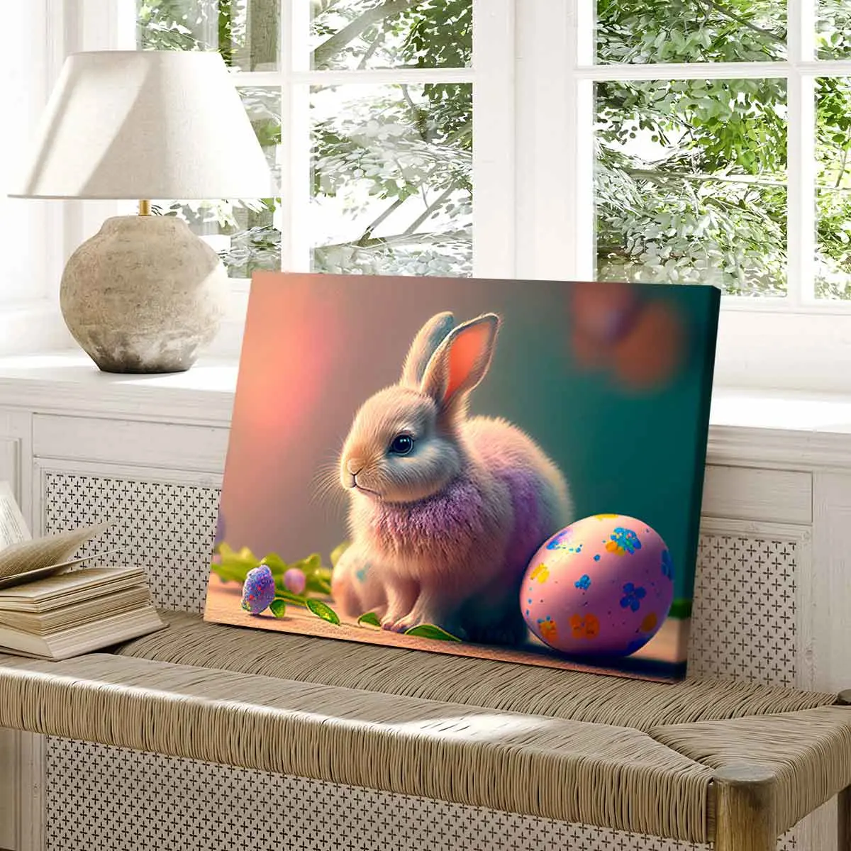 Easter Bunny & Eggs Canvas Poster, Modern Art Wall Decor, Solid Wood Frame, Waterproof Print, Affordable Home Decoration Gift Idea