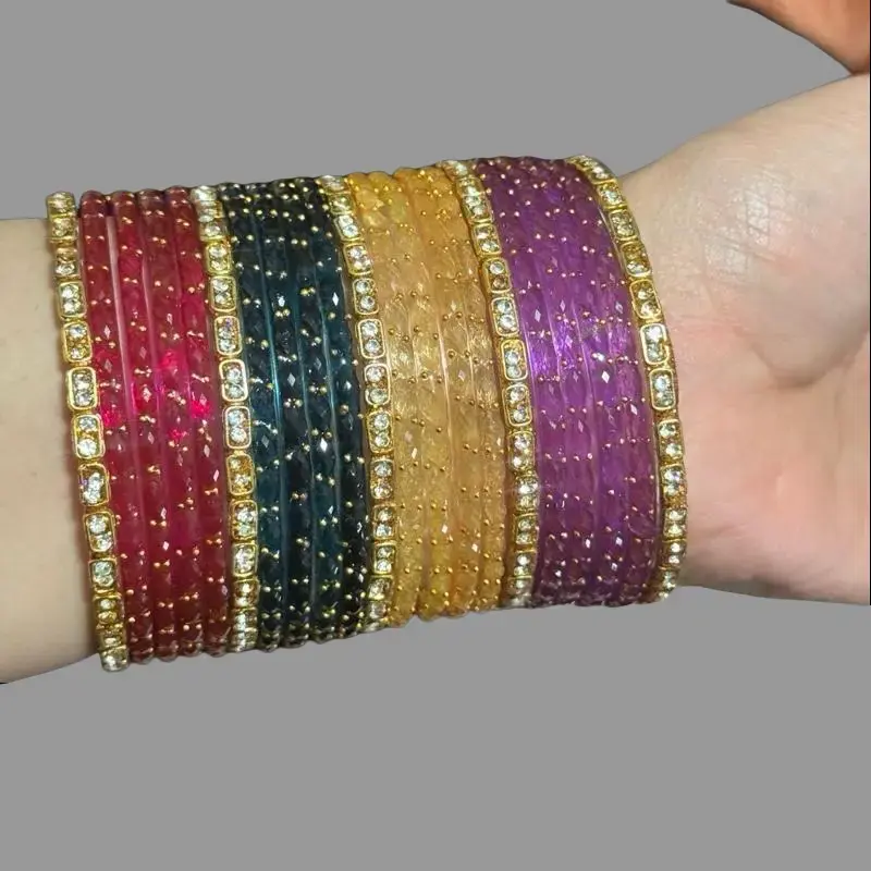 Raindrop Glass Bangle Set - 21 Pcs Rhinestone Desi Fashionable Multilayered Bracelets, Ideal for Party, Wedding, Desi Bangles, Fashionable Bangles