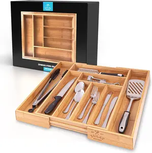 Zulay Expandable Bamboo Drawer Organizer - Perfect Utensil Organizer For Silverware, Kitchen Knives, Flatware, and More