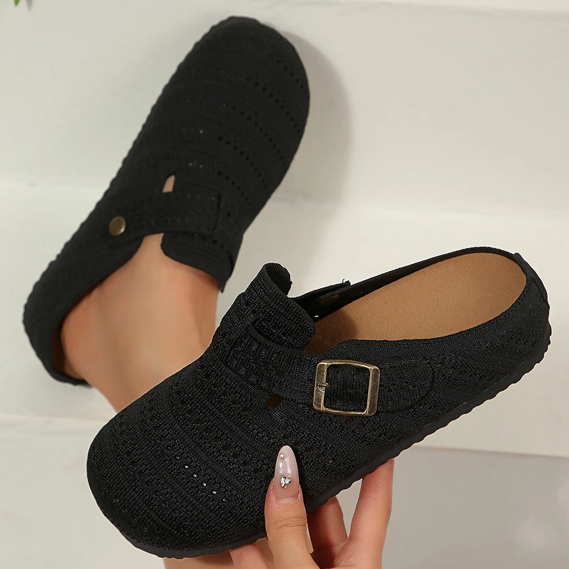 Women's Sandals Mesh Textured Flat Sandals Closed Toe Slip-on Mesh Sandals for Women, Summer Shoes Slippers Flats for Casual Beach