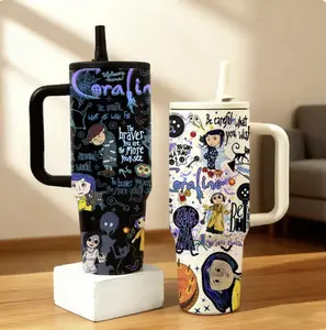 Stainless Steel Tumbler with Lid and Straw, Insulated Drink Tumbler, Coraline Cartoon Style, Vacuum Insulated Thermal Cup, Keep Hot 12H/Cold 24H, Travel Mug for Movie Fans, Gift for Horror Aesthetic Lovers and Animation Enthusiasts
