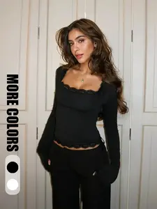 Women's Sexy Versatile European Plain Long Sleeve Lace Shirt Blouse, Perfect for Parties Poolside Celebrations, Fashionable Women's Top