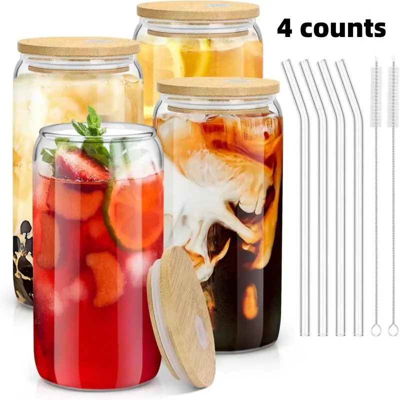 16oz Glass Jar with Bamboo Lid & Straw & Straw Brush, 4 Counts/set Mason Jar Drinking Glass Cup, Coffee, Glass Drinking Glasses, Reusable Cup for Home Kitchen Party Picnic, Drinking Glassware