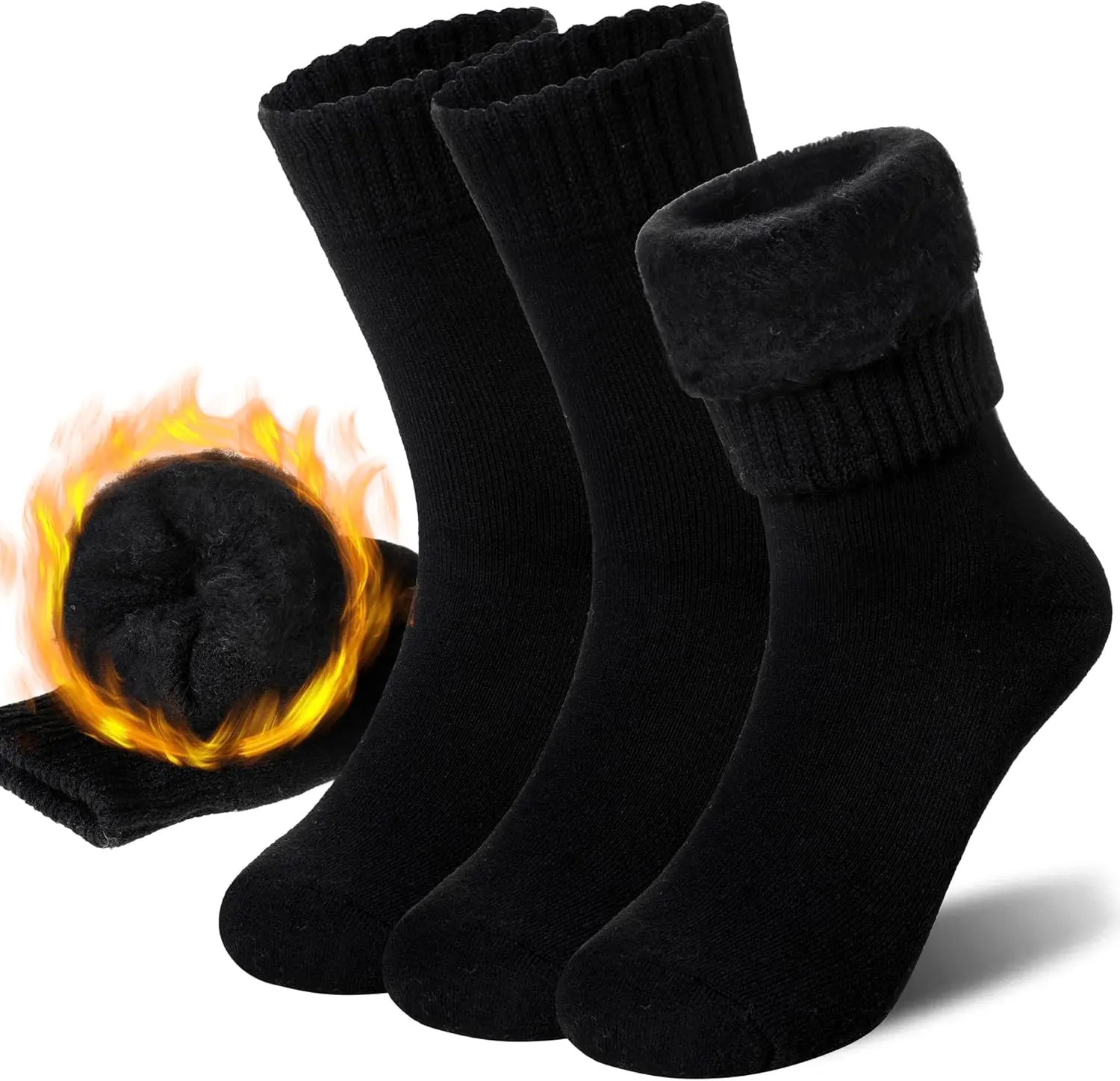 Women's Heated Fuzzy Sports Socks for Adults - Durable, Thick Insulated Boot Socks for Ski, Winter Hiking - 3 Pairs for Everyday Wear