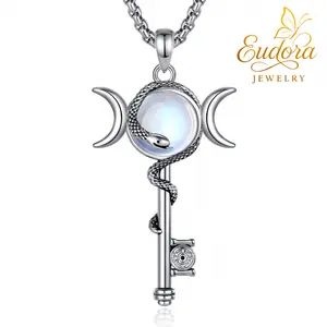 Eudora Triple Moon Goddess Key Necklace Snake Pendant Silver/Gold Plated Moonstone Charm Elegant Symbolic Gift For Her