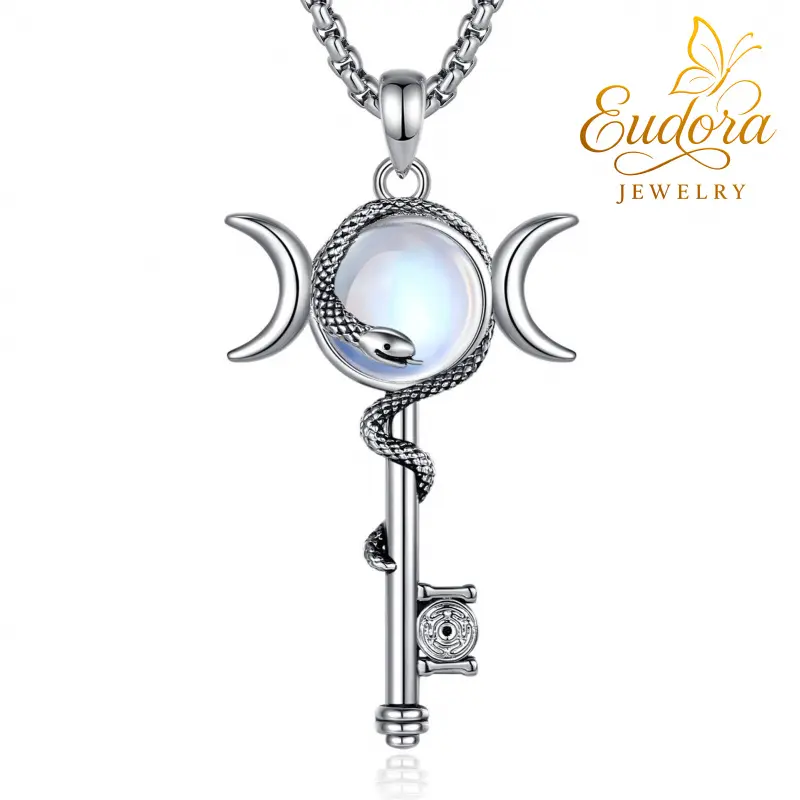 Eudora Triple Moon Goddess Key Necklace Snake Pendant Silver/Gold Plated Artificial Moonstone Charm Elegant Symbolic Gift For Her