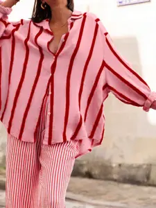 Women's pink striped loose-fitting shirt blouse, an elegant and casual top suitable for commuting, office wear, everyday wear, Valentine's Day, outdoor activities, and spring/summer vacation outfits.