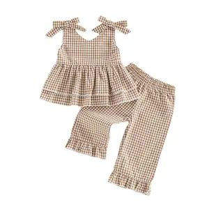Toddler Baby Girl Plaid Clothes Brown Gingham Sleeveless Tiered Ruffle Top and Pants 2Pcs Set Cottagecore Summer Clothes 12M 18M 2T 3T 4T Outfits