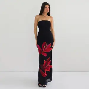 Flower Print Mesh Backless Bandage Frenchy Style Bodycon Dress Elegant Sexy Slim Party Club Dating Holiday Beach One-Shoulder Maxi Dress summerwins