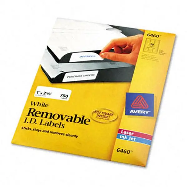 Avery Self-Adhesive Removable Rectangular Laser/Jet I.D. Paper Labels, 1 in x 2-5/8 in, White, 750 per Pack