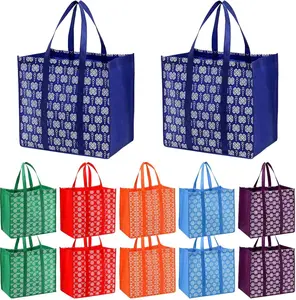 [New Deal] - 12 Pack Reusable Grocery Bags, Large Foldable Shopping Tote Bags with Long Handles Heavy Duty Reusable Bags for Shopping Groceries Clothes - 6 Assorted Colors