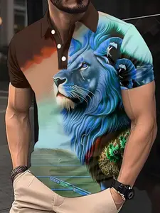 Men's 3D Lion Print Shirt, Vibrant Color Block Design, Breathable Lightweight Polyester Fabric, Short Sleeve, Casual Golf Sportswear
