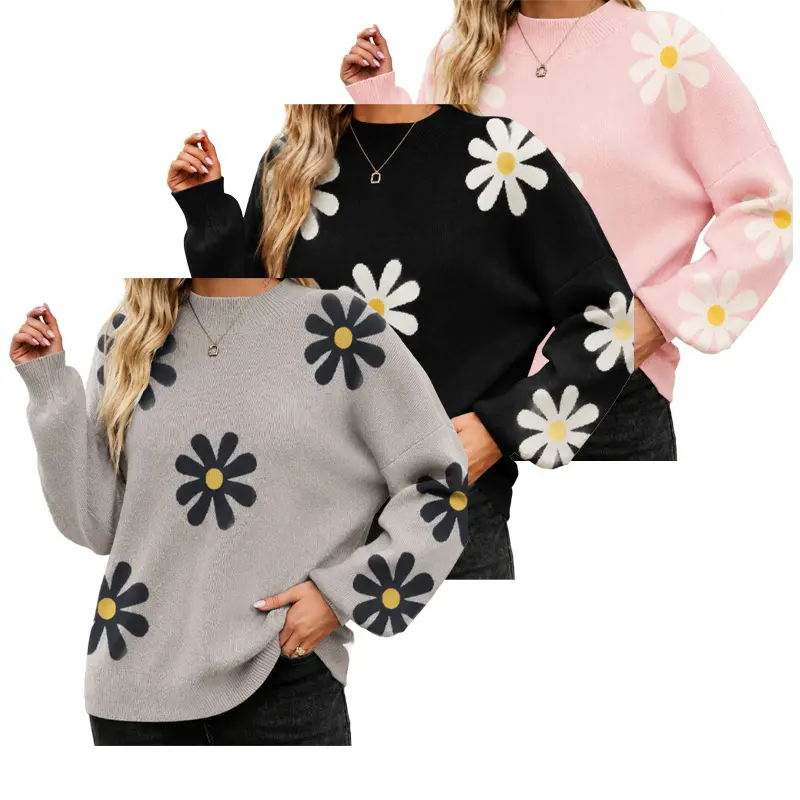 3 Pack Womens Y2K Daisy Floral Print Sweater Set Cute Graphic Knit Pullover Casual Crewneck Oversized Relaxed Fit Soft Fall Winter Tops Lightweight Jumper Pink Black Grey S-XL