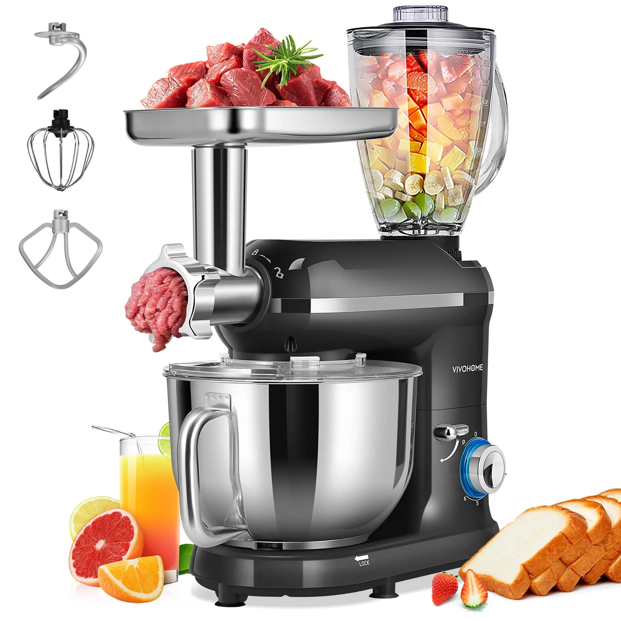 VIVOHOME 3 in 1 Multifunctional Stand Mixer with 6 Quart Stainless Steel Bowl, 650W 6 Speed Tilt-Head Meat Grinder, Juice Blender